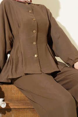 Bel Lastikli Gold Düğmeli Takım Vizon - İkili Takım