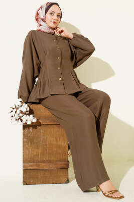 Bel Lastikli Gold Düğmeli Takım Vizon - ZAMANE (QSS)