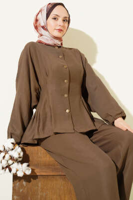 Bel Lastikli Gold Düğmeli Takım Vizon - İkili Takım