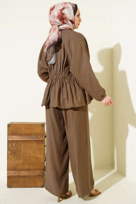 Bel Lastikli Gold Düğmeli Takım Vizon - İkili Takım