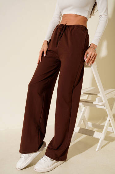 Bel Lastikli İki İplik Pantolon Kahve - Kadın Giyim Modelleri