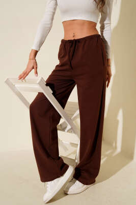 Bel Lastikli İki İplik Pantolon Kahve - Kadın Giyim Modelleri