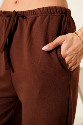 Bel Lastikli İki İplik Pantolon Kahve - Kadın Giyim Modelleri
