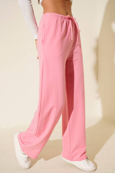 Bel Lastikli İki İplik Pantolon Pembe - Kadın Giyim Modelleri