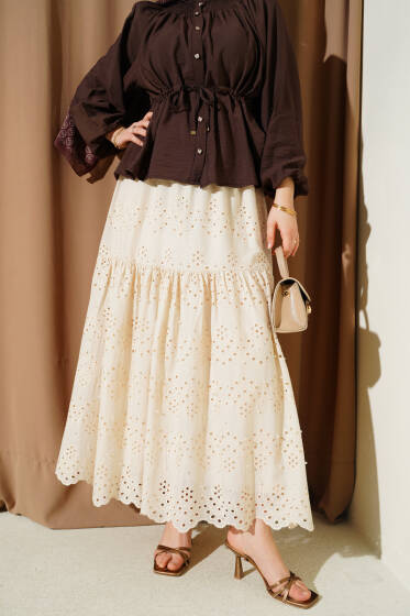 Bel Lastikli İncili Etek Bej - Etek