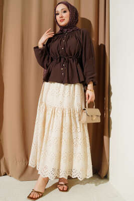 Bel Lastikli İncili Etek Bej - Etek