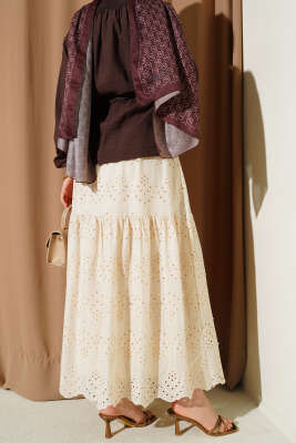 Bel Lastikli İncili Etek Bej - Etek