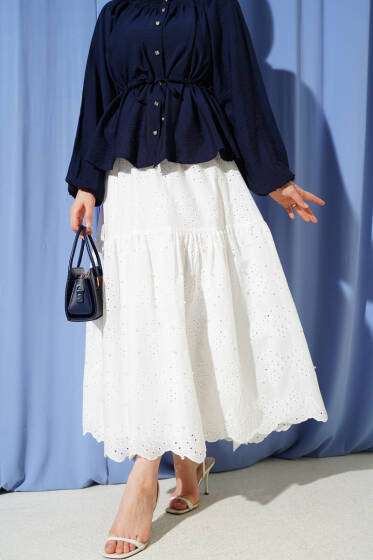 Bel Lastikli İncili Etek Beyaz - Etek