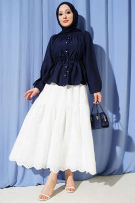 Bel Lastikli İncili Etek Beyaz - Etek