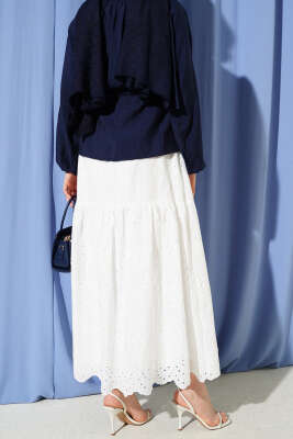 Bel Lastikli İncili Etek Beyaz - Etek