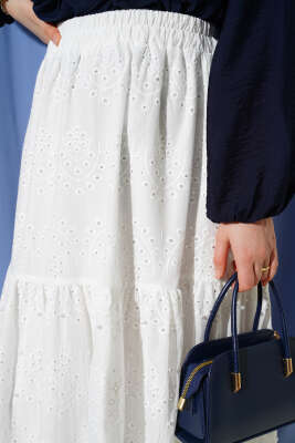 Bel Lastikli İncili Etek Beyaz - Etek