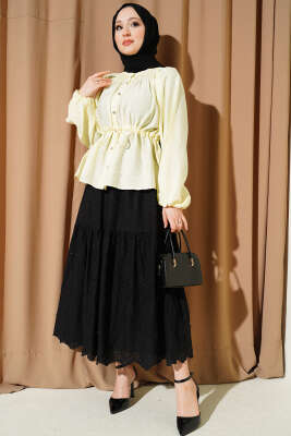 Bel Lastikli İncili Etek Siyah - Etek