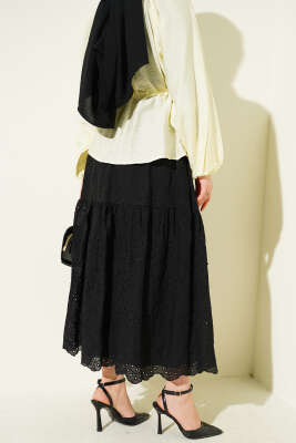 Bel Lastikli İncili Etek Siyah - Etek