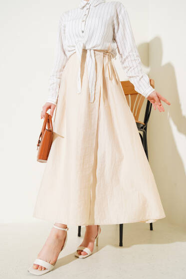 Bel Lastikli İp Bağlamalı Etek Bej - Etek