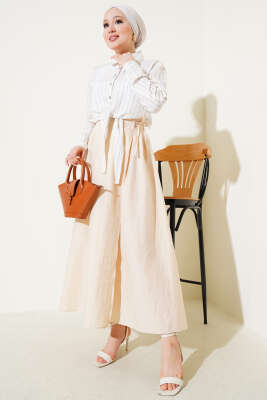 Bel Lastikli İp Bağlamalı Etek Bej - Uzun Etek