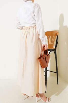 Bel Lastikli İp Bağlamalı Etek Bej - Uzun Etek