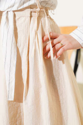 Bel Lastikli İp Bağlamalı Etek Bej - Uzun Etek