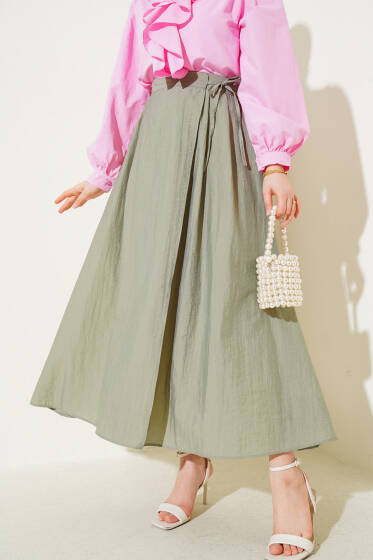 Bel Lastikli İp Bağlamalı Etek Çağla Yeşili - Etek