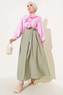 Bel Lastikli İp Bağlamalı Etek Çağla Yeşili - Uzun Etek