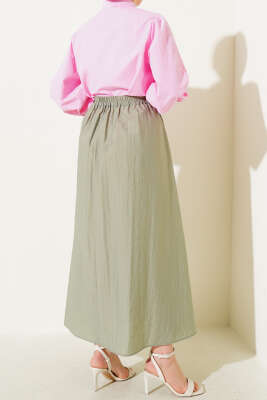 Bel Lastikli İp Bağlamalı Etek Çağla Yeşili - Uzun Etek