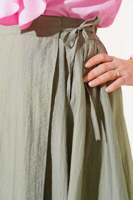 Bel Lastikli İp Bağlamalı Etek Çağla Yeşili - Uzun Etek