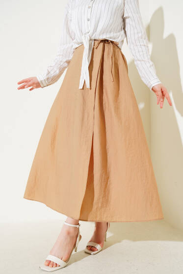 Bel Lastikli İp Bağlamalı Etek Camel - Etek