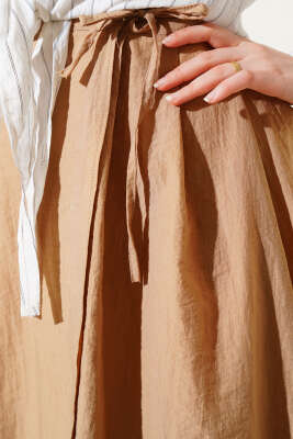 Bel Lastikli İp Bağlamalı Etek Camel - Uzun Etek