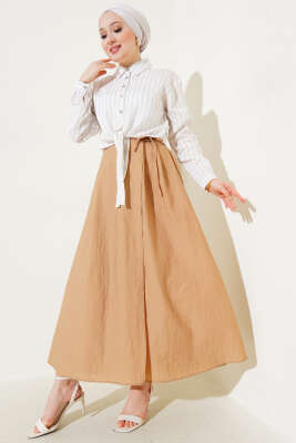 Bel Lastikli İp Bağlamalı Etek Camel - Uzun Etek