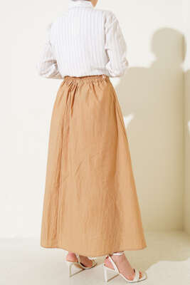 Bel Lastikli İp Bağlamalı Etek Camel - Uzun Etek