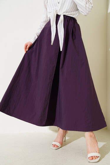 Bel Lastikli İp Bağlamalı Etek Mürdüm - Etek