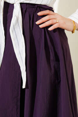 Bel Lastikli İp Bağlamalı Etek Mürdüm - Uzun Etek