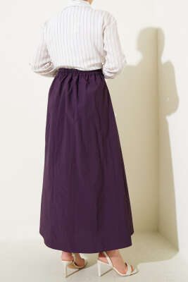 Bel Lastikli İp Bağlamalı Etek Mürdüm - Uzun Etek