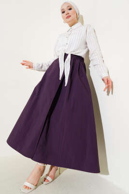 Bel Lastikli İp Bağlamalı Etek Mürdüm - Uzun Etek