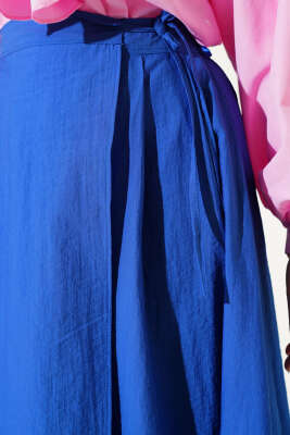 Bel Lastikli İp Bağlamalı Etek Saks - Uzun Etek