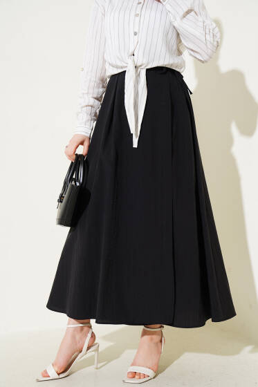 Bel Lastikli İp Bağlamalı Etek Siyah - Etek