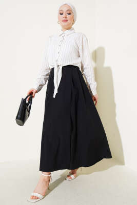Bel Lastikli İp Bağlamalı Etek Siyah - Uzun Etek