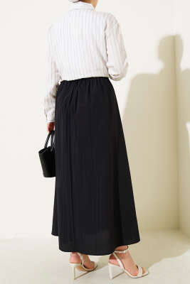 Bel Lastikli İp Bağlamalı Etek Siyah - Uzun Etek