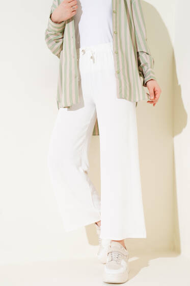 Bel Lastikli İp Detaylı Ayrobin Pantolon Beyaz - Pantolon