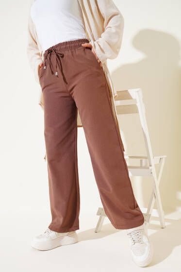 Bel Lastikli İpli Bol Paça Pantolon Kahve - Pantolon