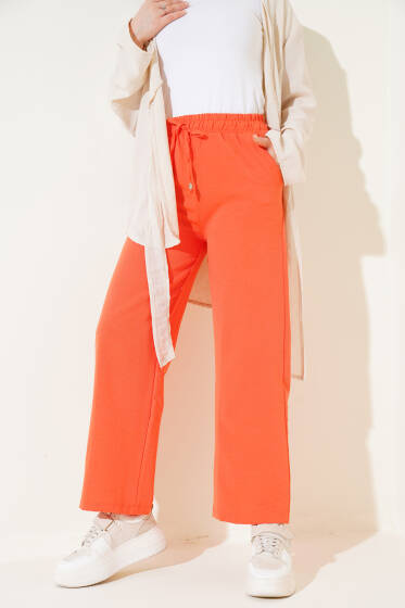 Bel Lastikli İpli Bol Paça Pantolon Oranj - Pantolon