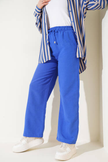 Bel Lastikli İpli Bol Paça Pantolon Saks - Pantolon