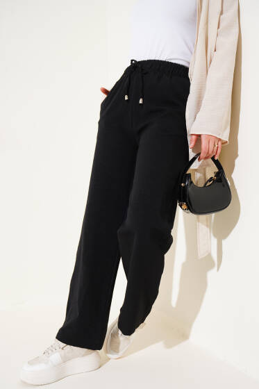Bel Lastikli İpli Bol Paça Pantolon Siyah - Pantolon