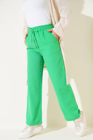 Bel Lastikli İpli Bol Paça Pantolon Yeşil - Pantolon