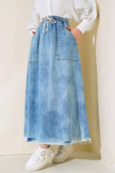 Bel Lastikli İpli Kot Etek Kot Mavisi - Etek