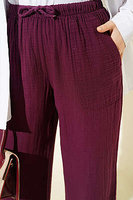 Bel Lastikli İpli Müslin Pantolon Bordo - Pantolon