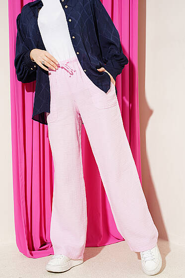 Bel Lastikli İpli Müslin Pantolon Pembe - Pantolon