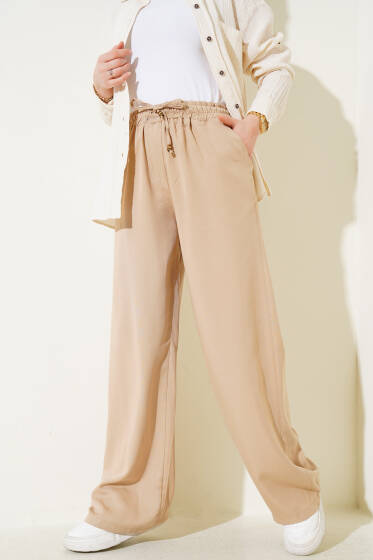 Bel Lastikli İpli Palazzo Pantolon Bej - Pantolon