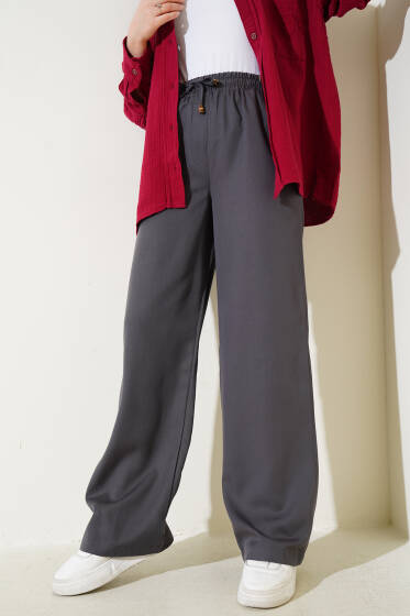Bel Lastikli İpli Palazzo Pantolon Füme - Pantolon