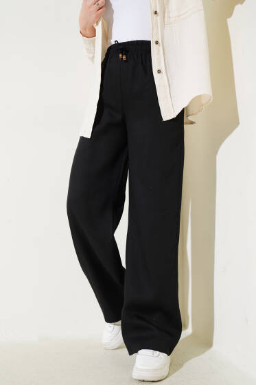 Bel Lastikli İpli Palazzo Pantolon Siyah - Pantolon