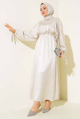 Bel Lastikli Jakar Elbise Bej - ESTELLE